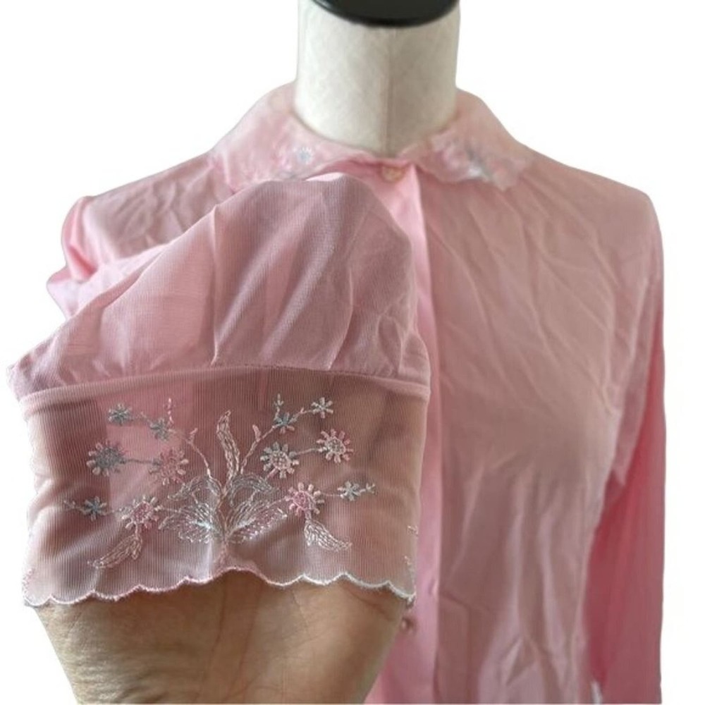 Vintage 60s Blouse Sleep Shirt Blush Pink Nylon Semi Sheer Top Floral Hems Sz 36 - Picture 6 of 11